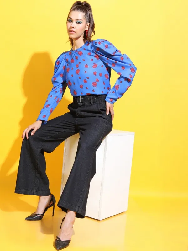  Tokyo Talkies Women Blue Printed Regular Tops