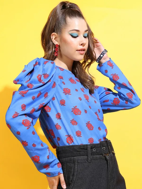 Tokyo Talkies Women Blue Printed Regular Tops