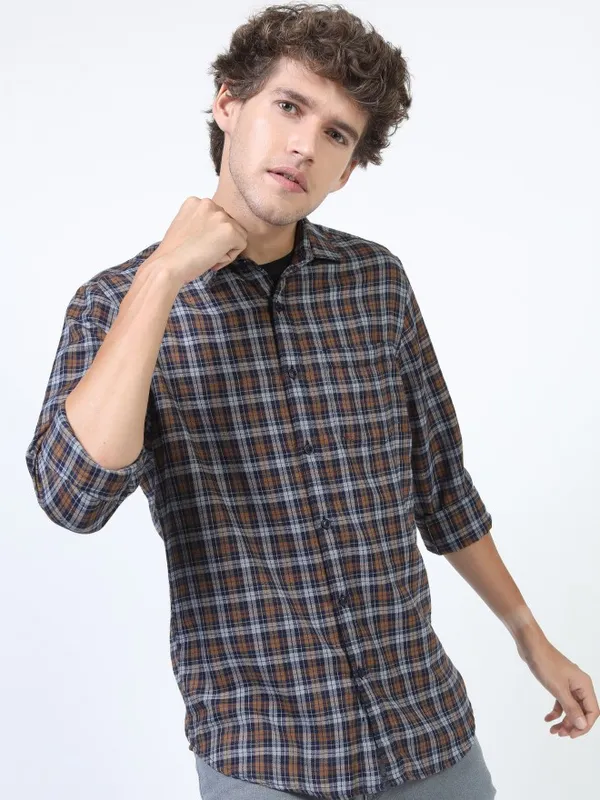  Ketch Men Beige Checked Slim Fit Casual Shirts
