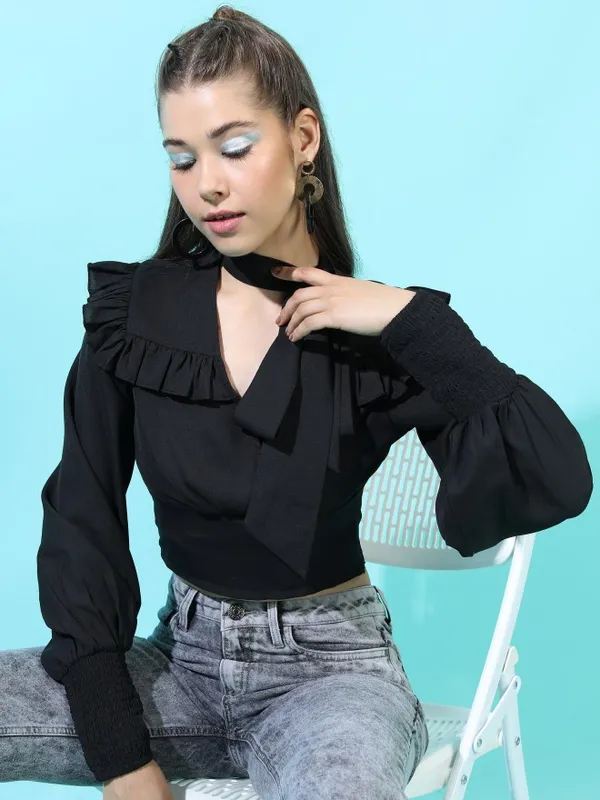 Tokyo Talkies Women Black Solid Crop Top