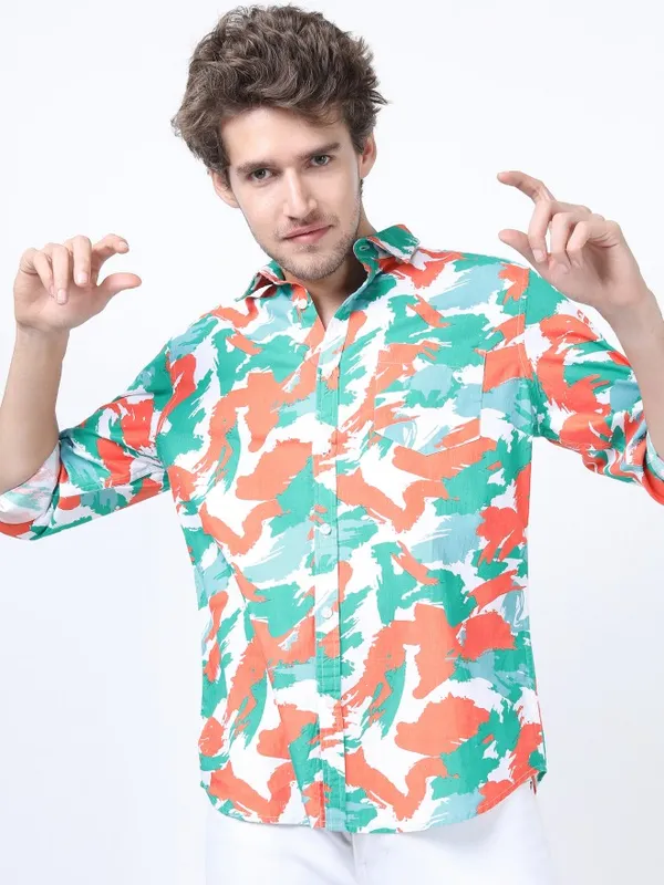  Ketch Men Orange Printed Slim Fit Casual Shirts