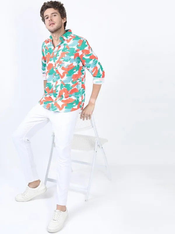  Ketch Men Orange Printed Slim Fit Casual Shirts