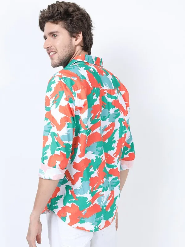  Ketch Men Orange Printed Slim Fit Casual Shirts
