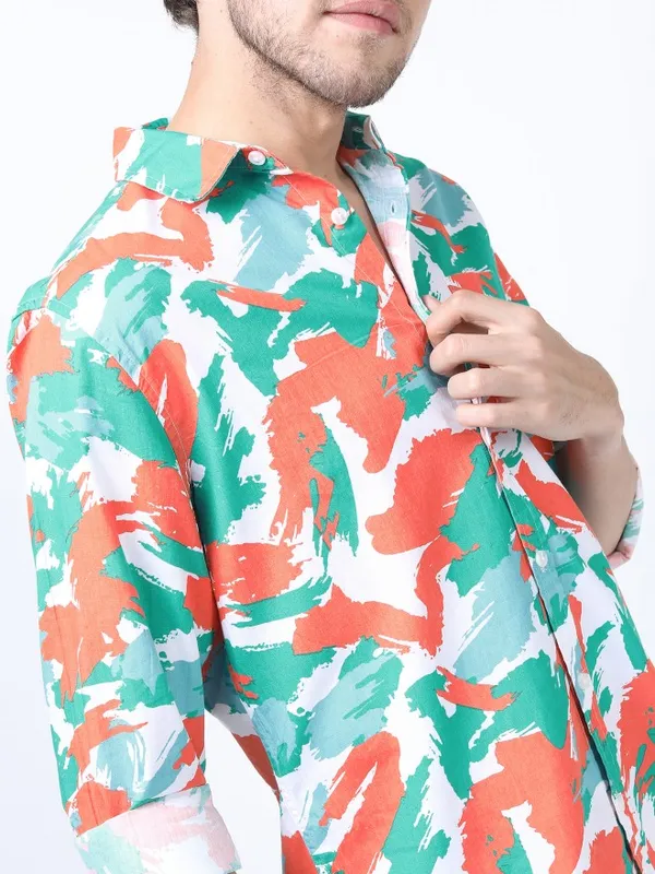  Ketch Men Orange Printed Slim Fit Casual Shirts