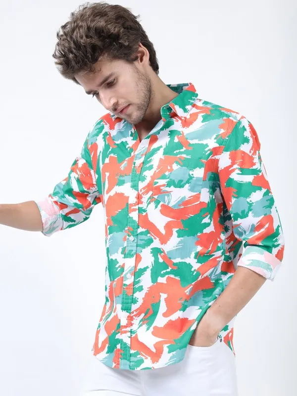  Ketch Men Orange Printed Slim Fit Casual Shirts