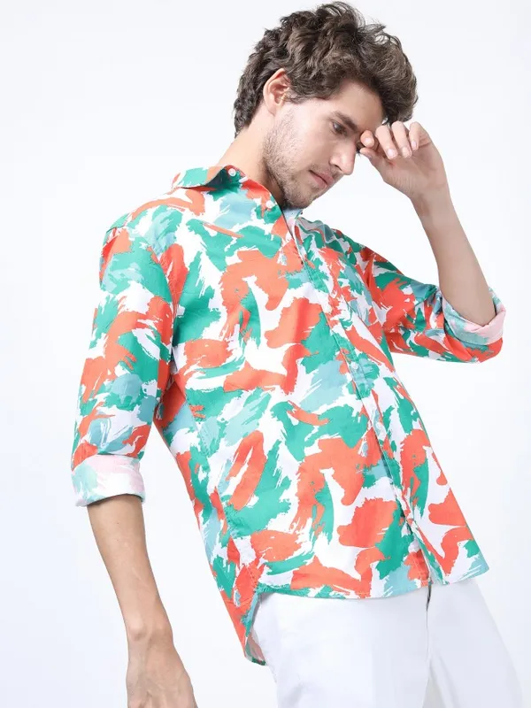  Ketch Men Orange Printed Slim Fit Casual Shirts