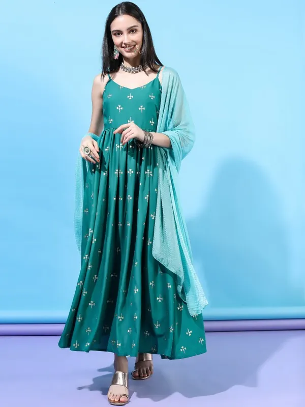  Vishudh Women Turquoise Printed A-Line Ethnic Dresses