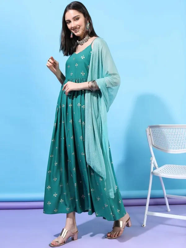  Vishudh Women Turquoise Printed A-Line Ethnic Dresses