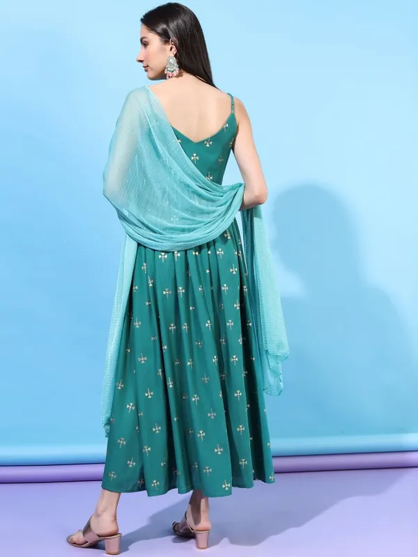  Vishudh Women Turquoise Printed A-Line Ethnic Dresses