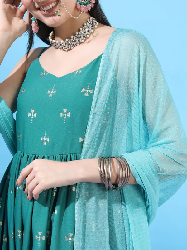  Vishudh Women Turquoise Printed A-Line Ethnic Dresses