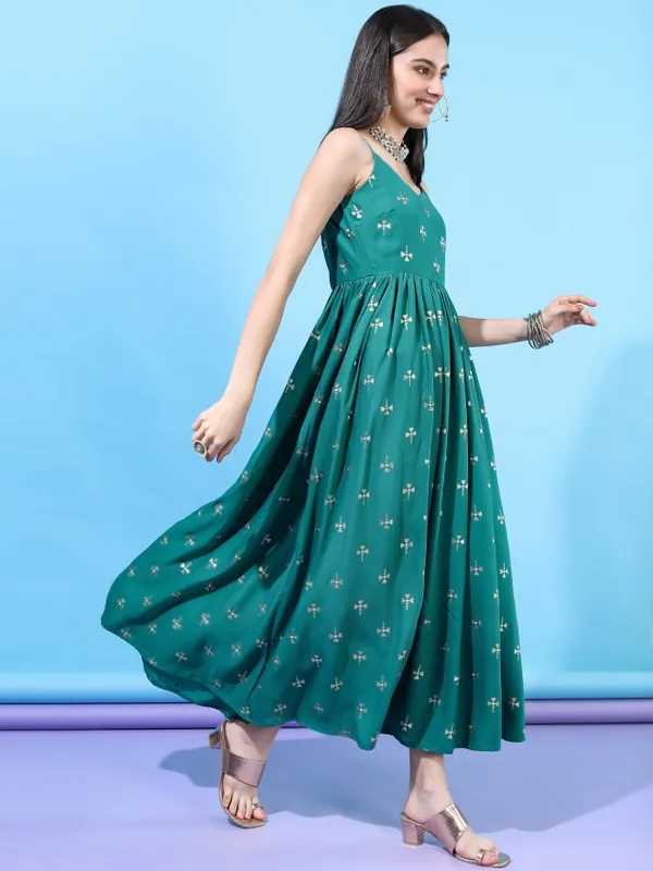  Vishudh Women Turquoise Printed A-Line Ethnic Dresses