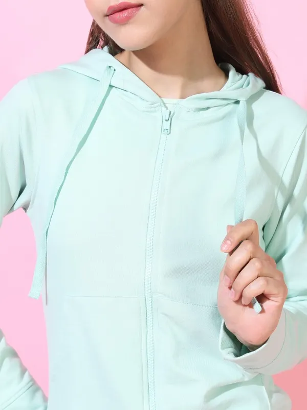  Tokyo Talkies Women Green Solid Front-Open Round Neck Sweatshirts
