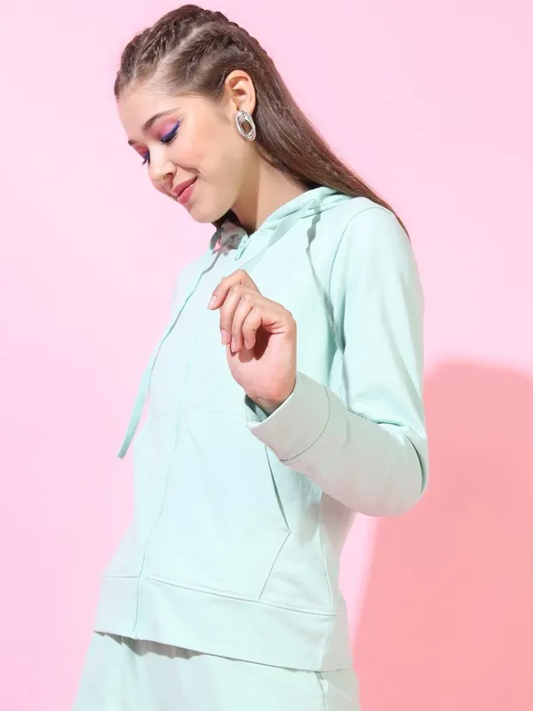  Tokyo Talkies Women Green Solid Front-Open Round Neck Sweatshirts