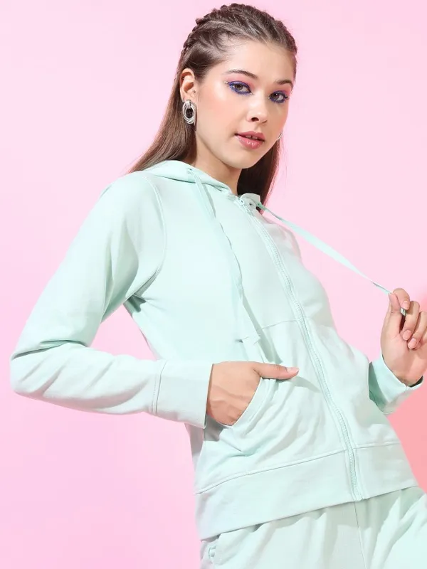  Tokyo Talkies Women Green Solid Front-Open Round Neck Sweatshirts