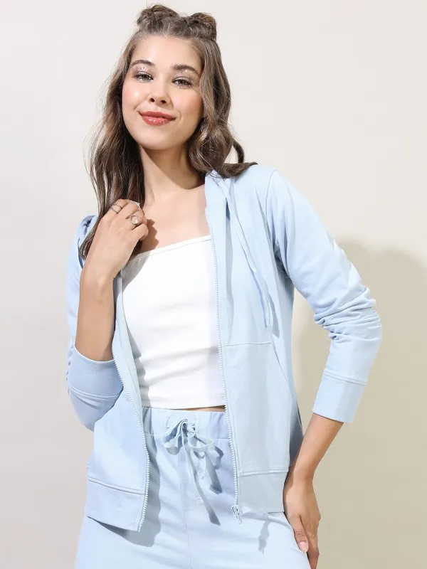 Tokyo Talkies Women Blue Solid Front-Open Hood Sweatshirts