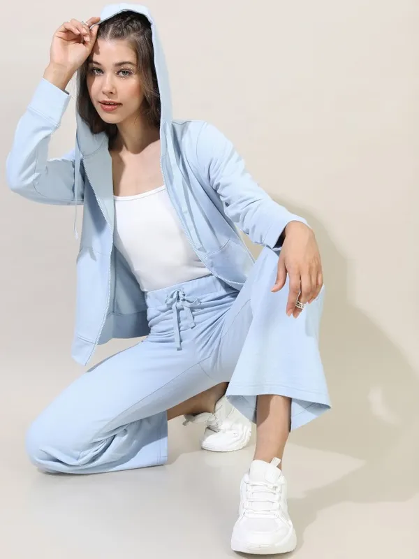  Tokyo Talkies Women Blue Solid Front-Open Hood Sweatshirts