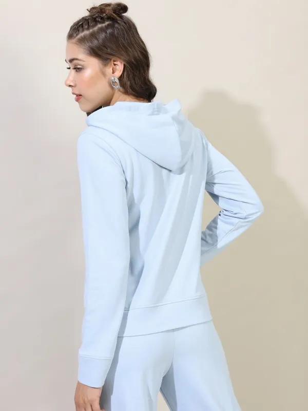 Tokyo Talkies Women Blue Solid Front-Open Hood Sweatshirts
