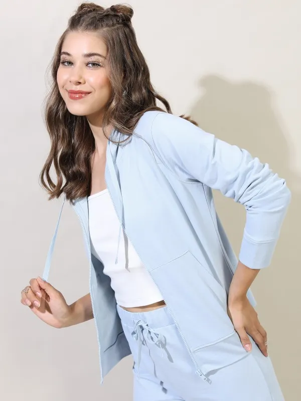  Tokyo Talkies Women Blue Solid Front-Open Hood Sweatshirts