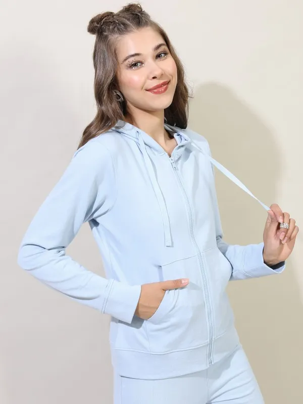  Tokyo Talkies Women Blue Solid Front-Open Hood Sweatshirts