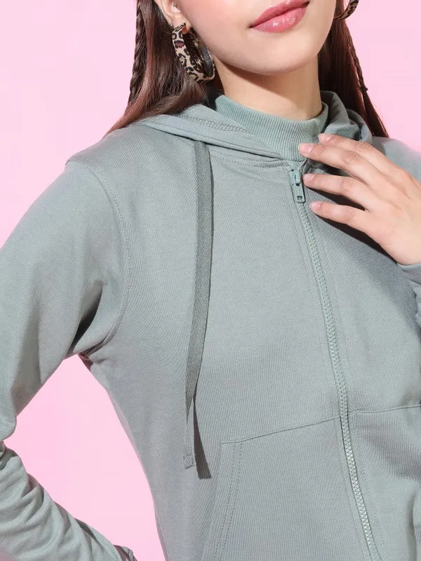  Tokyo Talkies Women Olive Solid Front-Open Round Neck Sweatshirts