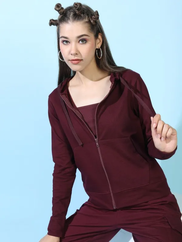  Tokyo Talkies Women Maroon Solid Front-Open Hood Sweatshirts
