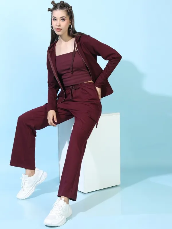  Tokyo Talkies Women Maroon Solid Front-Open Hood Sweatshirts