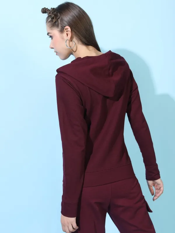  Tokyo Talkies Women Maroon Solid Front-Open Hood Sweatshirts