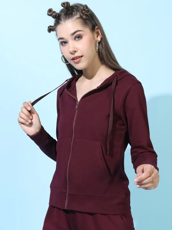  Tokyo Talkies Women Maroon Solid Front-Open Hood Sweatshirts