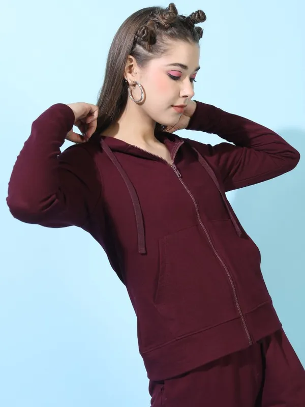  Tokyo Talkies Women Maroon Solid Front-Open Hood Sweatshirts