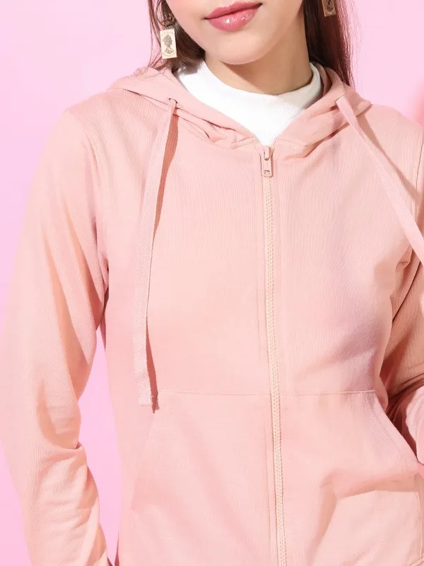 Tokyo Talkies Women Beige Solid Front-Open Round Neck Sweatshirts