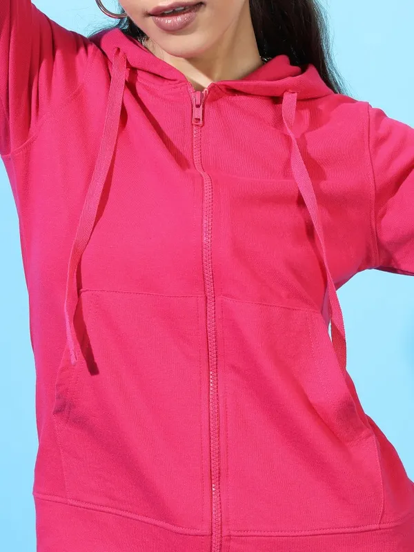 Tokyo Talkies Women Pink Solid Front-Open Hood Sweatshirts