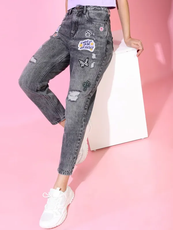  Tokyo Talkies Women Grey Mom Fit Highly Distressed Jeans