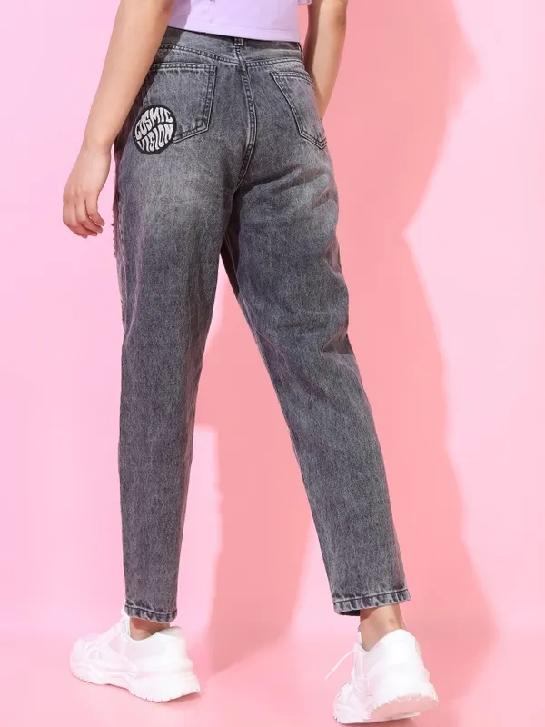  Tokyo Talkies Women Grey Mom Fit Highly Distressed Jeans