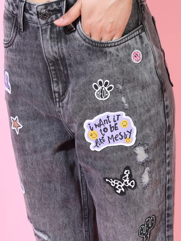  Tokyo Talkies Women Grey Mom Fit Highly Distressed Jeans