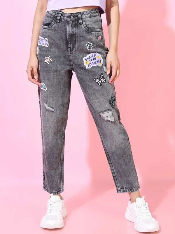  Tokyo Talkies Women Grey Mom Fit Highly Distressed Jeans