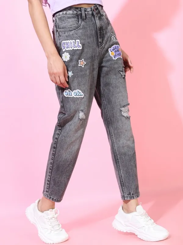  Tokyo Talkies Women Grey Mom Fit Highly Distressed Jeans