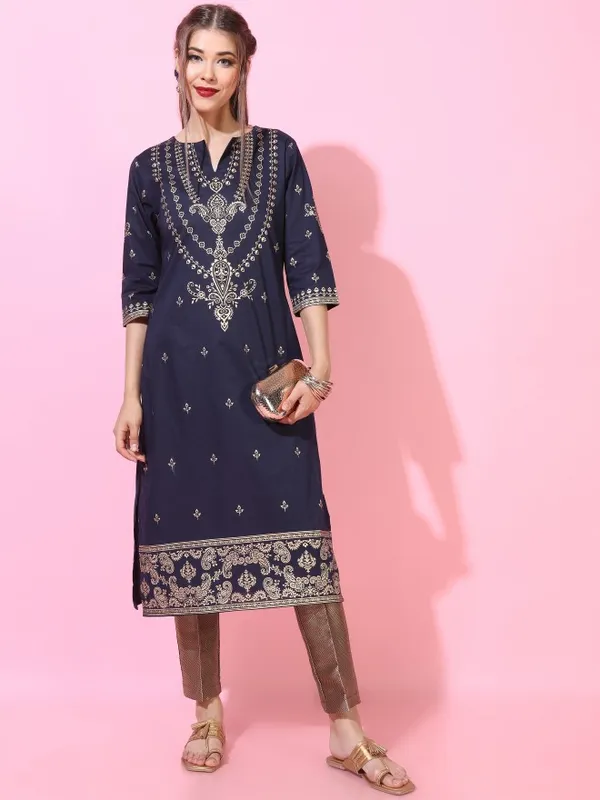  Vishudh Women Navy Blue Printed Straight Kurtas