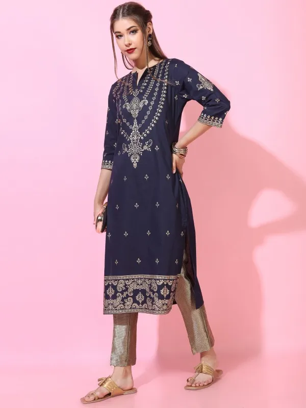  Vishudh Women Navy Blue Printed Straight Kurtas