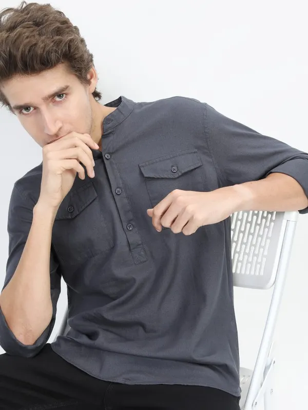  Ketch Men Navy Blue Solid Slim Fit Casual Shirts