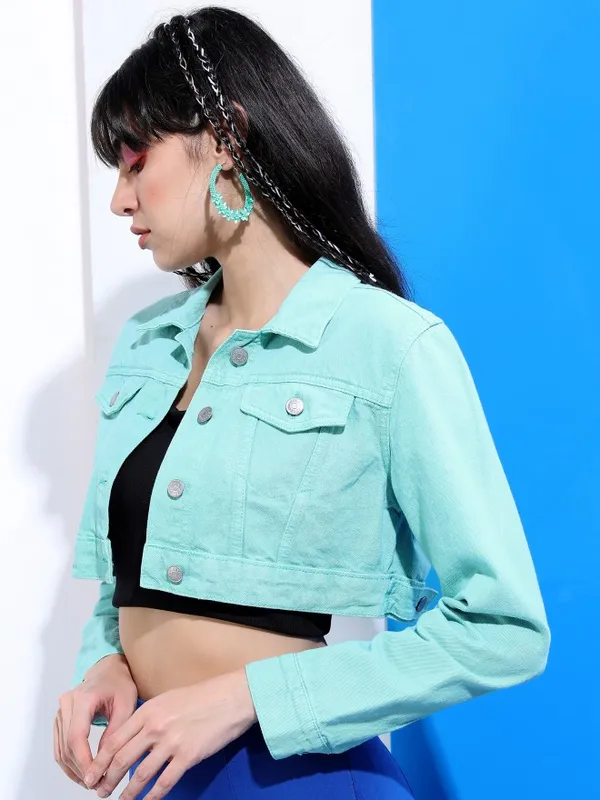  Tokyo Talkies Women Turquoise Denim Jacket Jackets