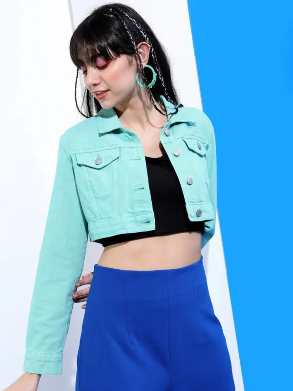  Tokyo Talkies Women Turquoise Denim Jacket Jackets