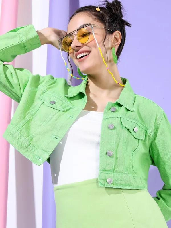  Tokyo Talkies Women Green Denim Jacket Jackets