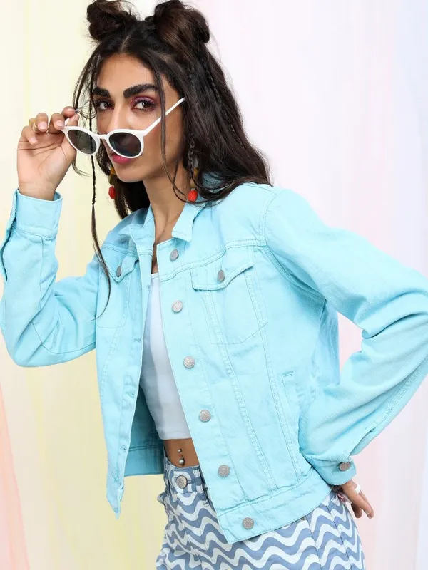  Tokyo Talkies Women Turquoise Denim Jacket Jackets