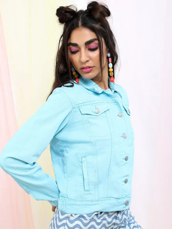  Tokyo Talkies Women Turquoise Denim Jacket Jackets
