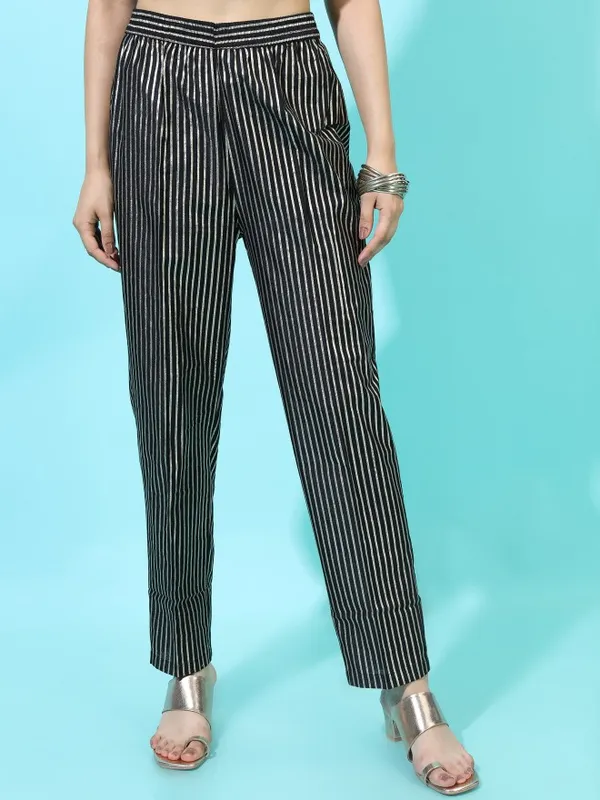  Vishudh Women Black Striped Straight Fit Palazzos