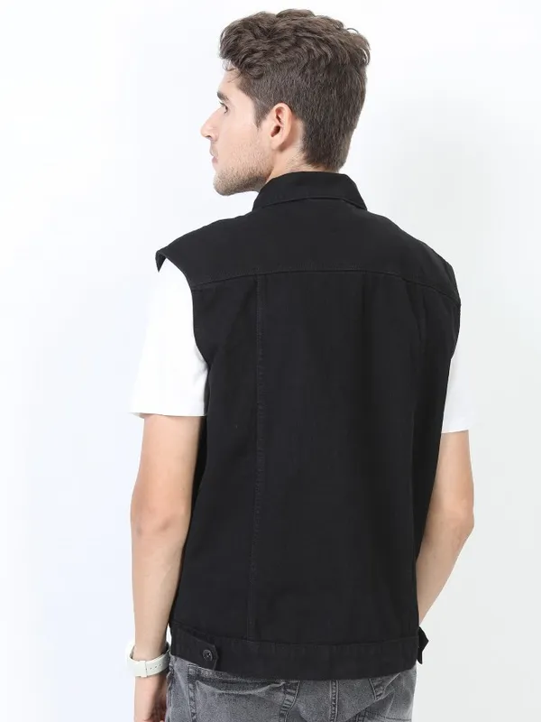  Locomotive Men Black Solid Denim Jacket Jackets