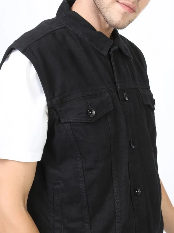  Locomotive Men Black Solid Denim Jacket Jackets