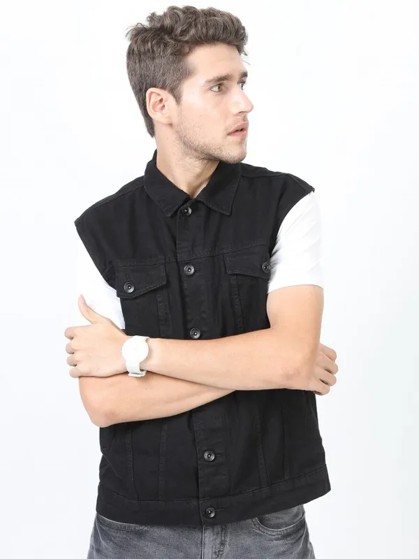 Locomotive Men Black Solid Denim Jacket Jackets