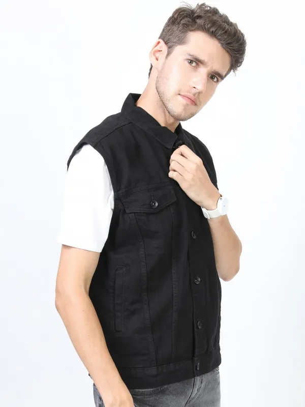  Locomotive Men Black Solid Denim Jacket Jackets