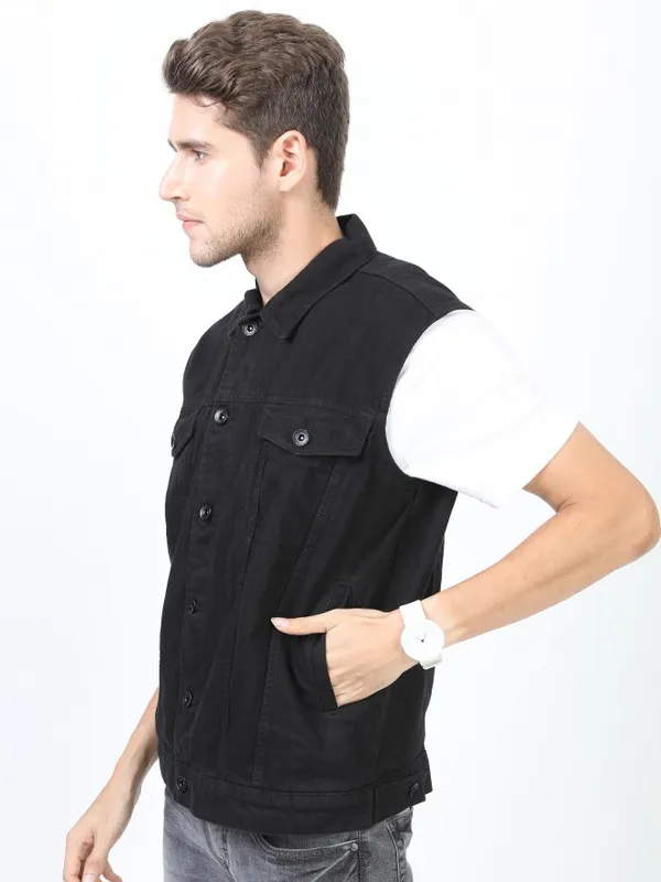  Locomotive Men Black Solid Denim Jacket Jackets